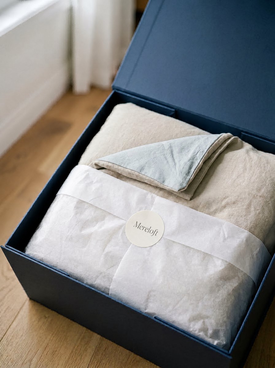 Duvet folded in tissue paper, in its box